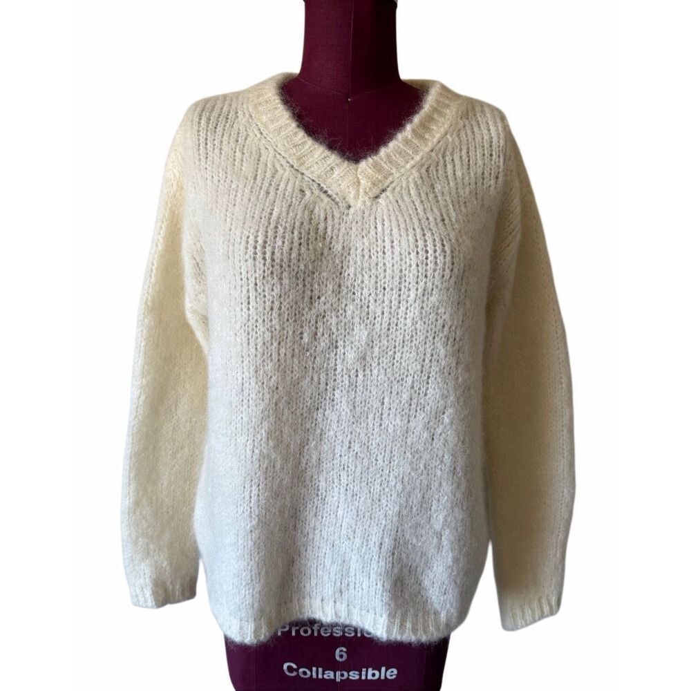 Pomandère Sweater Mohair V neck Pullover Size 38 US 4 Ivory Made in Italy